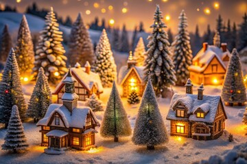 Charming Christmas Village Scene with Snowy Trees and Illuminated Houses, Evoking a Warm and Festive Atmosphere for Holiday Cheer