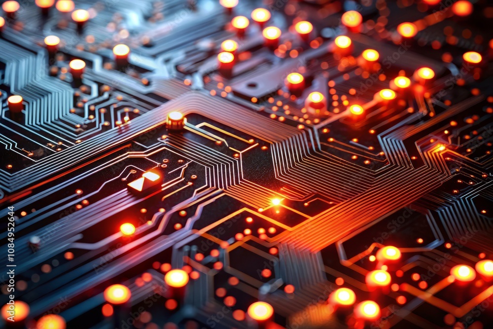 Poster close-up of a circuit board with glowing red lines and chips, showcasing the intricacies of modern e