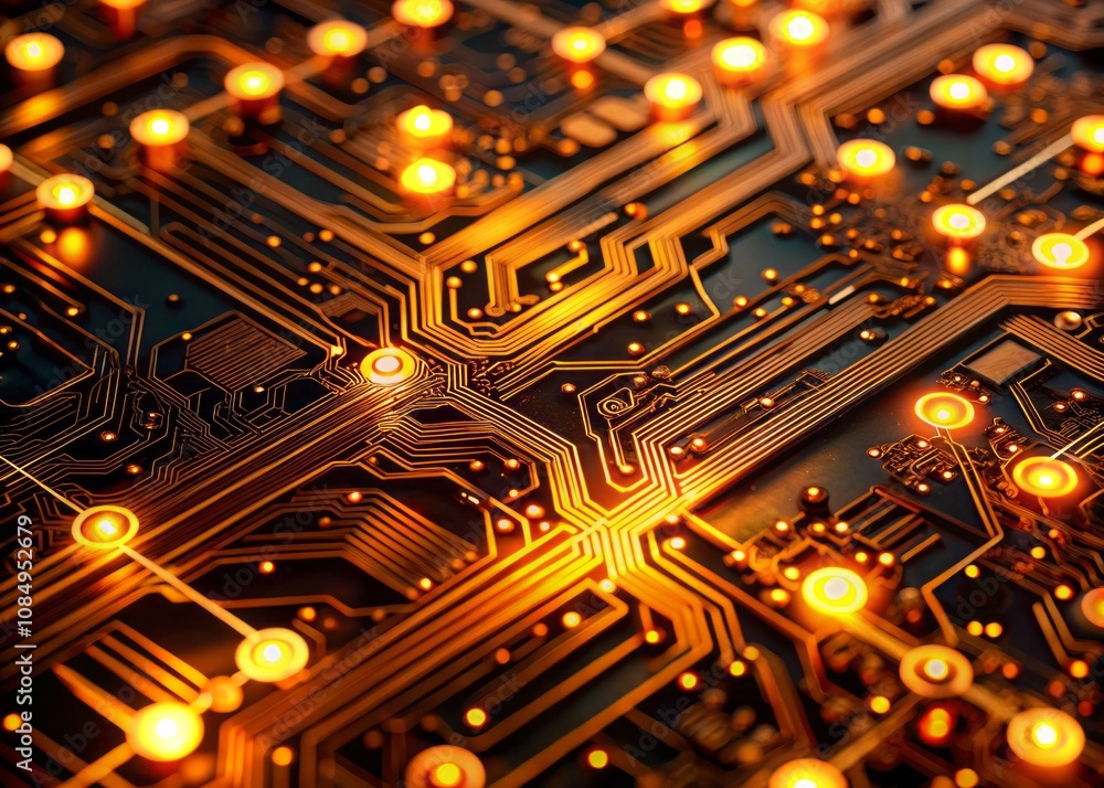 Poster close-up of a futuristic circuit board with glowing orange lights and intricate details showcasing a