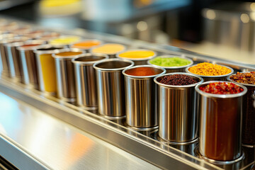 Set of condiments in metal holders on a shiny counter