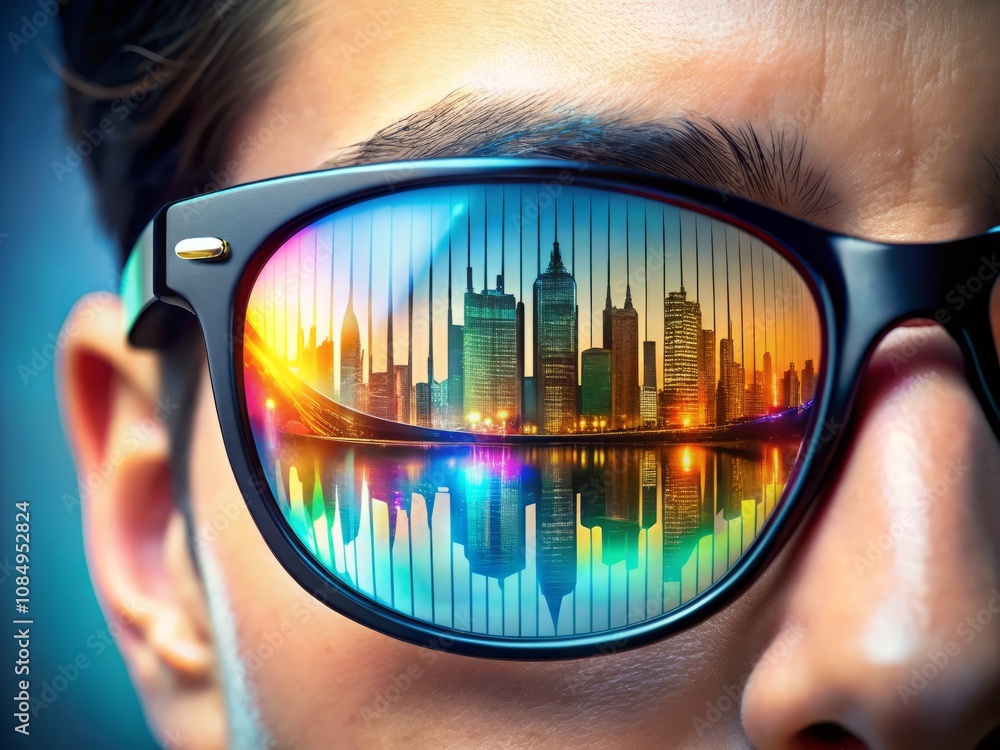 Poster close-up of an eye reflected in glasses with dynamic audio waveform design, illustrating the connect