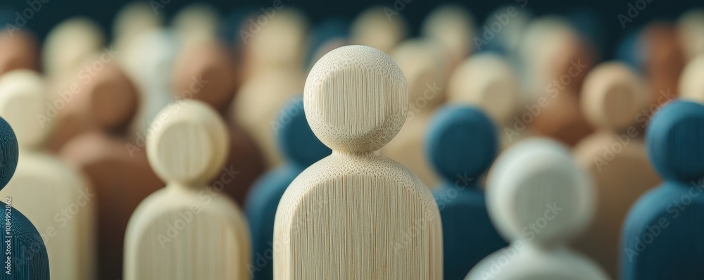 Poster a close-up view of wooden figurines in varied colors, symbolizing diversity and unity within a colle