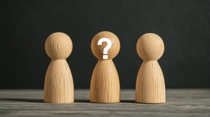 Three wooden figures stand in a row, with a question mark over the middle one, symbolizing uncertainty or inquiry.
