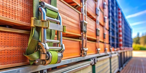 Close-Up of Ratchet Straps Securing Container Boxes on Truck Pallets, Highlighting Raw Material Transportation and Safety Measures in Product Photography