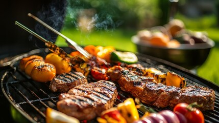 A lively barbecue gathering in a backyard garden, Grilling tools and ingredients set for cooking, Outdoor cooking style