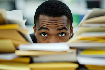 An employee staring at an overflowing email inbox, looking overwhelmed