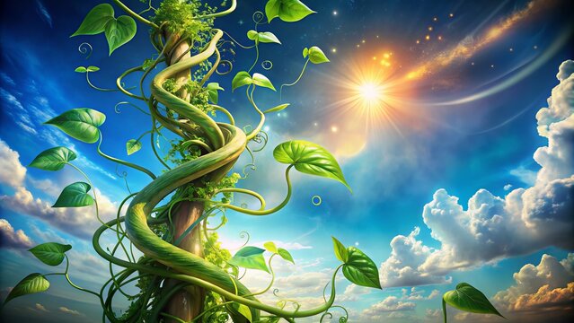 Conceptual Photography of a Whimsical Beanstalk Against a  Background, Symbolizing Growth, Imagination, and Dreams in a Surreal Environment