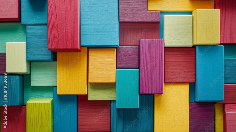 Poster A meticulous block-building scene with colorful wooden blocks, Vibrant blocks forming intricate patterns, Contemporary minimalist style