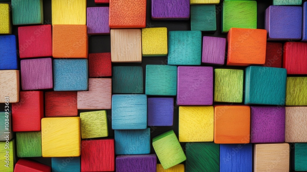 Poster a meticulous block-building scene with colorful wooden blocks, vibrant blocks forming intricate patt