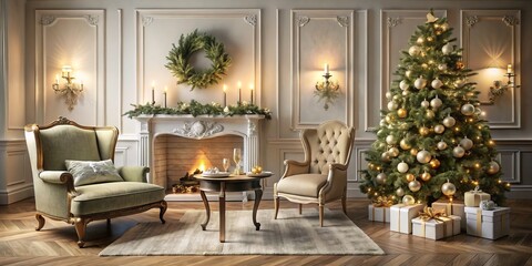 Fototapeta premium Cozy Classic Interior Featuring an Elegant Armchair, Tasteful Tables, and a Beautifully Decorated Christmas Tree Against a Soft Background with a Charming Fireplace