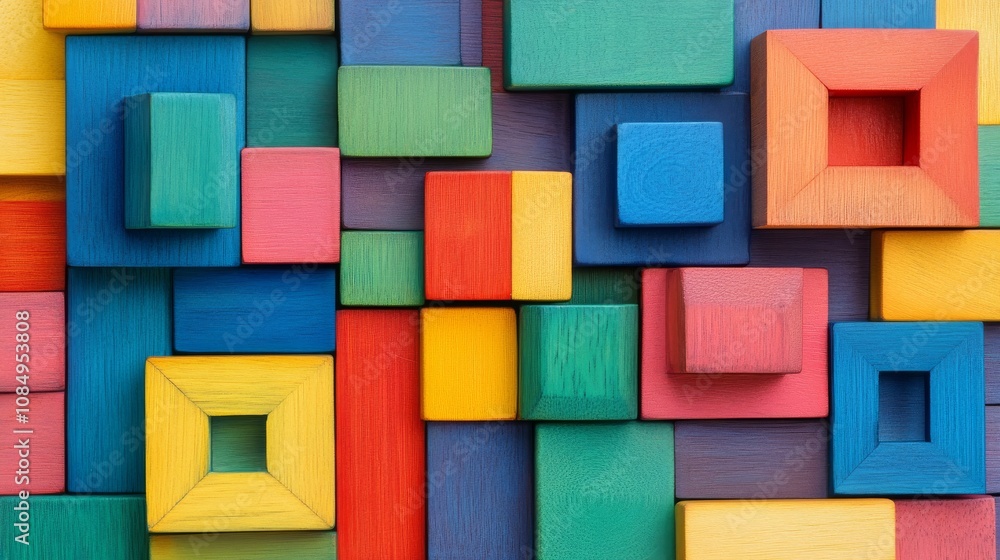 Poster a meticulous block-building scene with colorful wooden blocks, vibrant blocks forming intricate patt