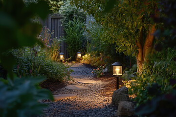 Solar-powered lights illuminating a garden path, showing sustainable outdoor solutions