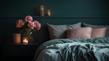 Stylish modern cosy bedroom in dark colors. Cozy interior with turquoise walls, home decor. Bed with grey fabric headboard. Design concept