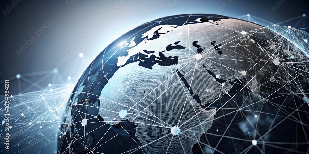 Poster digital globe with global network connections on white background featuring simple lines of earth's 