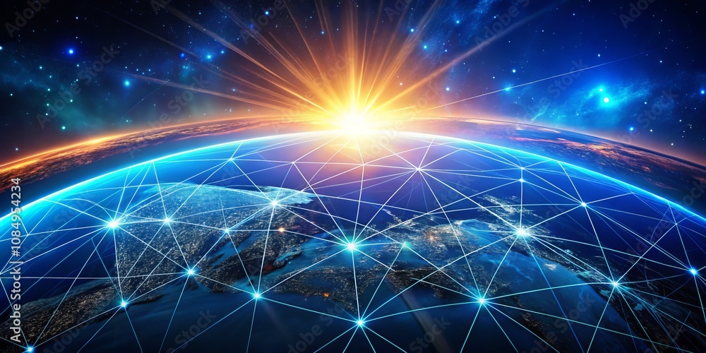 Aufkleber digital network connecting global cities on a blue planet with a rising sun, symbolizing unity and t