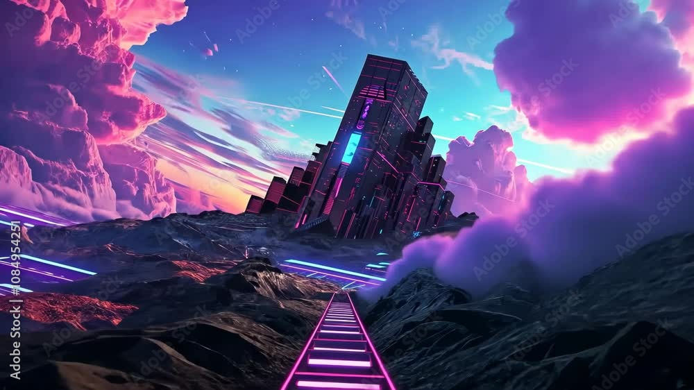 Poster vibrant sci-fi scene with synthwave styled towers in breathtaking perspective. futuristic cyberpunk 