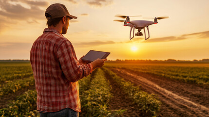 farmer using tablet to control drone over field at sunset, showcasing modern agricultural technology and innovation