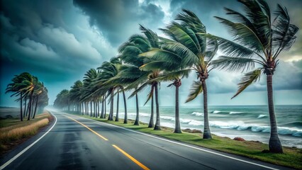 Fototapeta premium Dramatic Coastal Scene with Palm Trees Swaying in the Wind Amidst Fog During Hurricane Conditions Along a Scenic Roadway