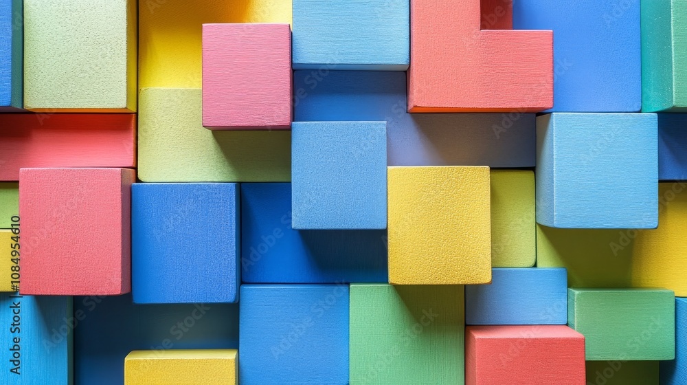 Poster a meticulously arranged block-building scene, colorful blocks artistically stacked and balanced, mod