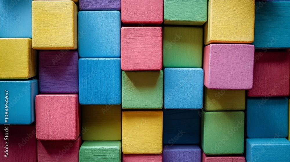 Poster a meticulously arranged block-building scene, colorful blocks artistically stacked and balanced, mod