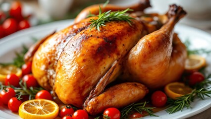 Golden Roasted Whole Chicken with Herbs, Lemon, and Cherry Tomatoes on a White Platter. Generative Ai