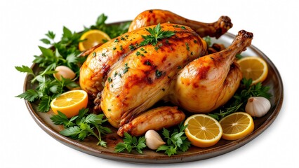 Golden Roasted Whole Chicken with Herbs, Lemon, and Cherry Tomatoes on a White Platter. Generative Ai