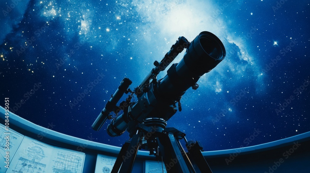 Poster a meticulously arranged telescope setup on a rooftop observatory, telescopes and star charts neatly 