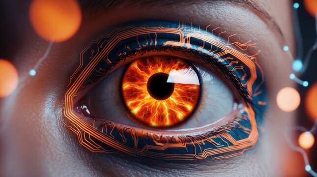 women eye cybernetic look, fiery orange iris surrounded by circuit-like patterns.