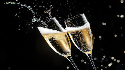 Two champagne glasses clinking with splashes and bubbles, set against a black background, embodying celebration and luxury.