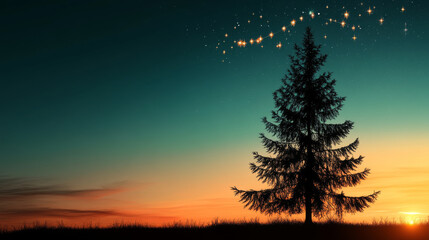 Fototapeta premium serene silhouette of pine tree against colorful sunset sky, adorned with twinkling stars. tranquil scene evokes sense of peace and wonder