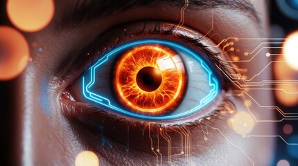 Female eye cybernetic look, fiery orange iris surrounded neon blue lines