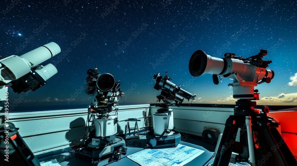Poster a meticulously arranged telescope setup on a rooftop observatory, telescopes and star charts neatly 