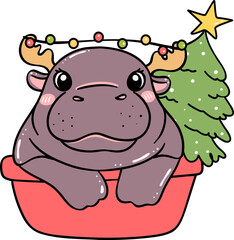 Christmas baby pygmy hippo in basin with pine tree