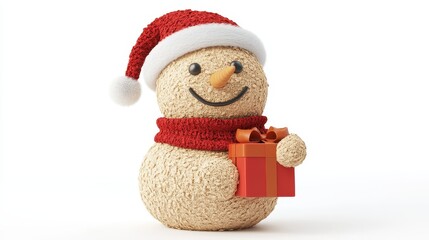 Adorable Sandy Snowman Wearing a Santa Hat and Scarf, Cheerfully Holding a Gift Box in a Merry Holiday Setting Perfect for Seasonal Celebrations
