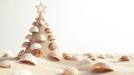 Obraz premium Sandy Christmas Scene with a Sandcastle Shaped Tree Decorated with Seashells and Star on Top, Perfect for Tropical Holiday Themes and Beach Celebrations