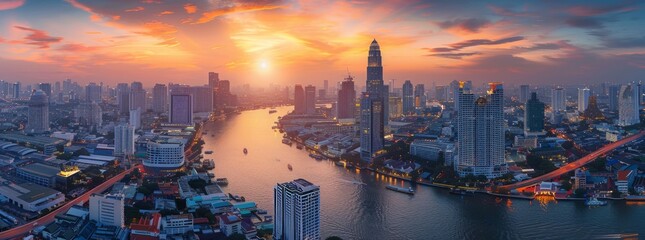 Obraz premium Bangkok Skyline Sunset Panorama: A Breathtaking Aerial View of Chao Phraya River and Cityscape at Dusk