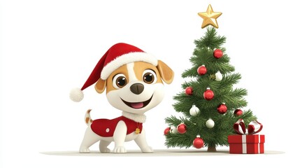 Joyful Cartoon Dog Dressed in Santa Hat and Red Sweater Standing Next to Christmas Tree with Ornaments and Gifts in a Cheerful Holiday Scene
