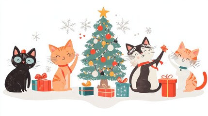 Fototapeta premium Joyful Cartoon Cats Celebrating Around a Colorful Holiday Tree with Presents, Perfect for Festive Season Themes and Cheerful Decorations