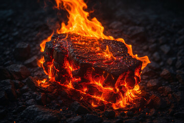 Fototapeta premium Juicy beef steak searing on textured volcanic rock, charred edges glowing in soft, exclusive lighting