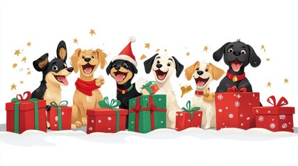 A Joyful Group of Cartoon Dogs Celebrating Christmas with Gifts in a Cheerful and Colorful Scene of Holiday Happiness and Festive Spirit