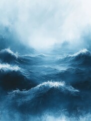 Obraz premium A painting of a large body of water with waves crashing against the shore