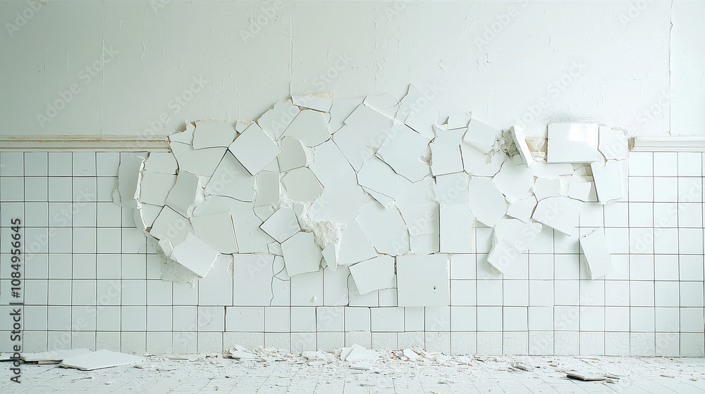 Poster chipped ceramic tiles in an open space, showcasing wear and tear, highlighting texture and color var