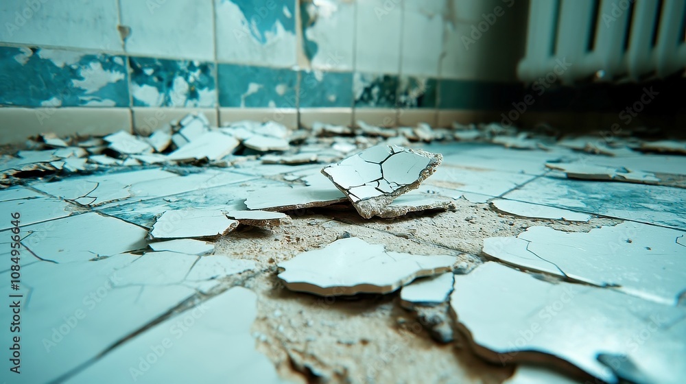 Poster Chipped Tiles in an Abandoned Room, showcasing the worn texture and color variations of the tiles, surrounded by empty space, evoking a sense of neglect and history.