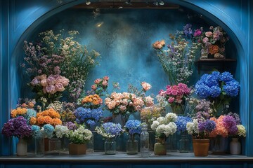 Fototapeta premium Window of a romantic blue flower shop with arched. Generative Ai