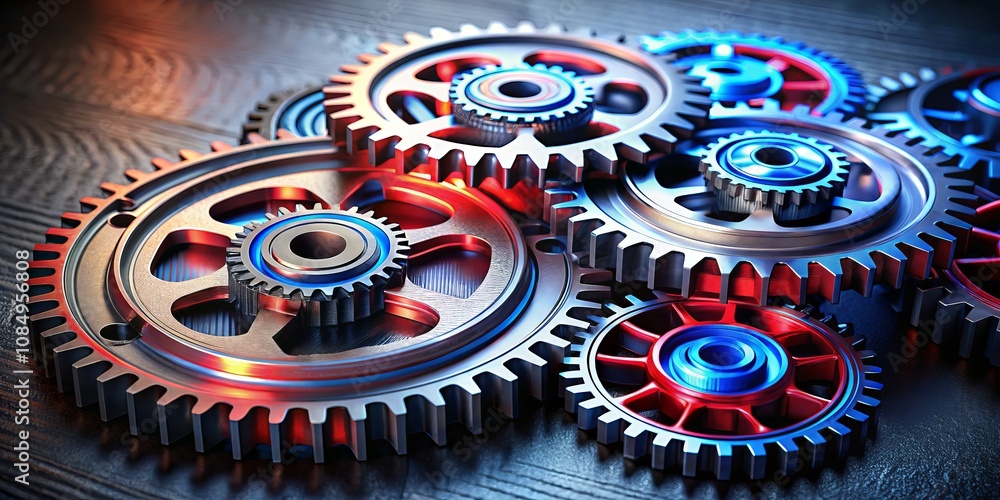 Poster interlocking metal gears with dynamic red and blue lines on a gray surface, symbolizing precision en