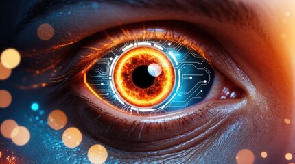 human eye cybernetic look, glowing, fiery orange iris surrounded by intricate, illuminated circuit-like patterns.