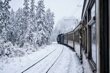 Winter Wonderland Train Journey Through Snowy Forest Scenic Landscape, Perfect for Holiday Greetings or Travel Posters