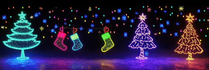Retro-inspired Christmas scene featuring neon lights of trees, bells, and stockings glowing against a dark backdrop