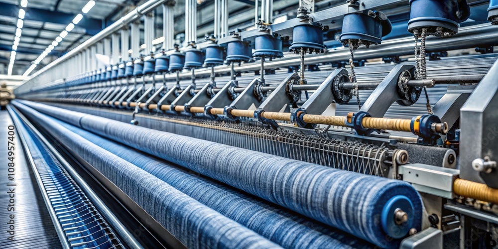 Poster minimalist capture of a textile machine processing threads into denim fabric, highlighting weaving t