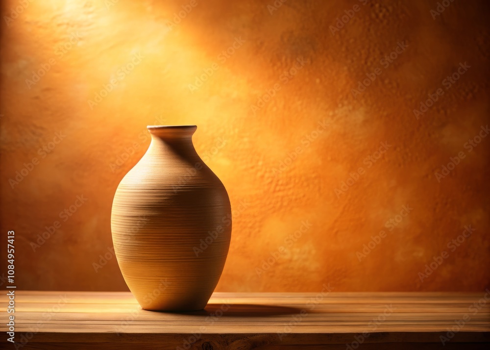 Poster minimalist clay vase against a warm toned background in panoramic style, highlighting subtle texture